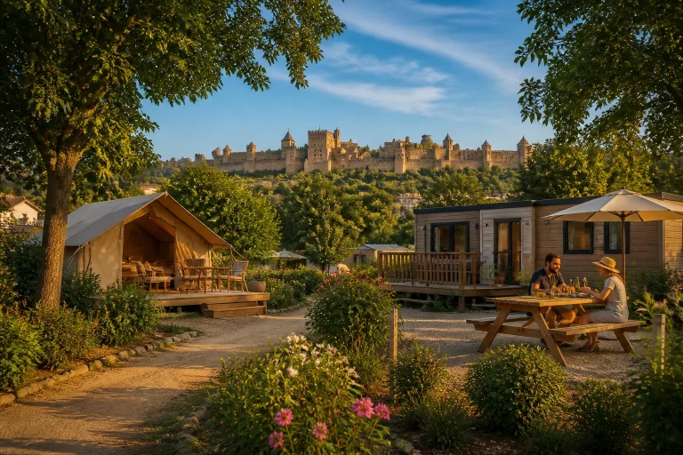 Glamping et cite de carcassonne au soleil couchant