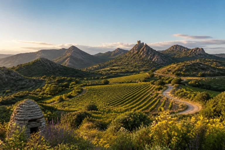 Corbieres occitanie vignes et ruines au soleil couchant