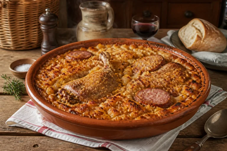 Cassoulet de castelnaudary fumant dans un plat en terre cuite