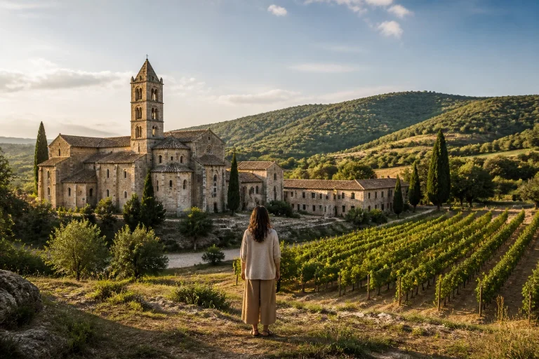 Abbaye romane dans les vignobles toscans