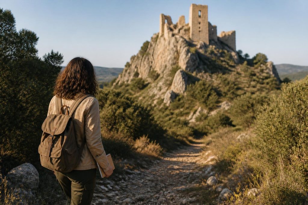 Sentier de garrigue montant vers un château cathare dans les Corbières