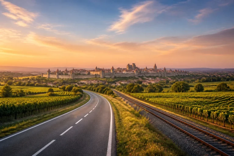 Route vers la cite medievale au coucher du soleil