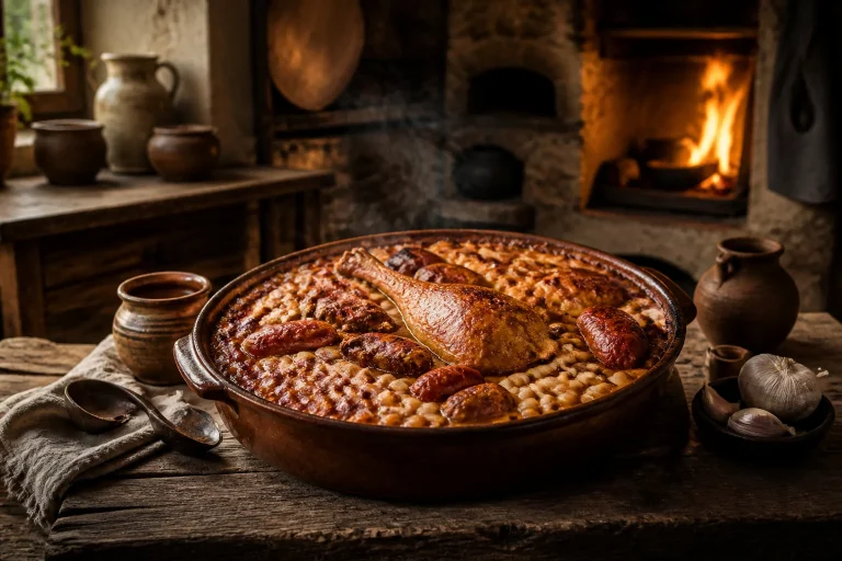 Cassoulet traditionnel dans sa cocotte en terre cuite