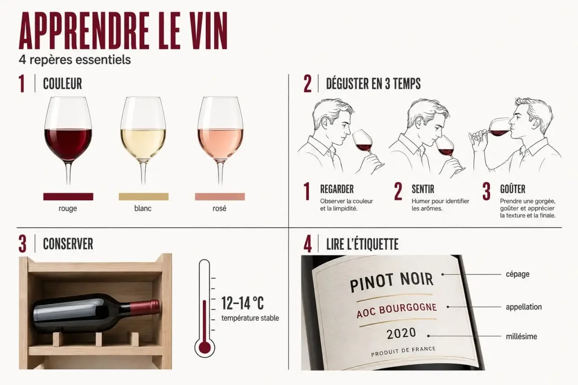 Apprendre le vin : repères visuels sur la dégustation, la conservation et la lecture d’étiquette